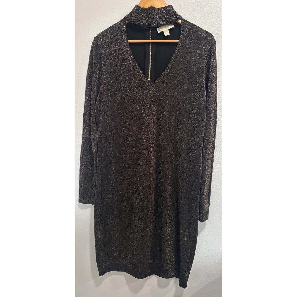 MICHAEL KORS MK Women Dress Size XL Black Golden Shimmer Holiday Party Dinner